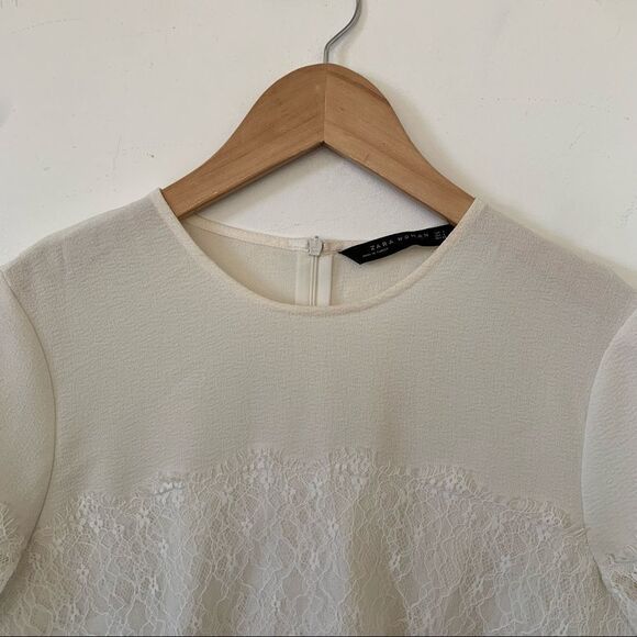 Zara Women Cream Crepe Lace Round Nexk Short Lace Sleeves Blouse - Picture 4 of 6